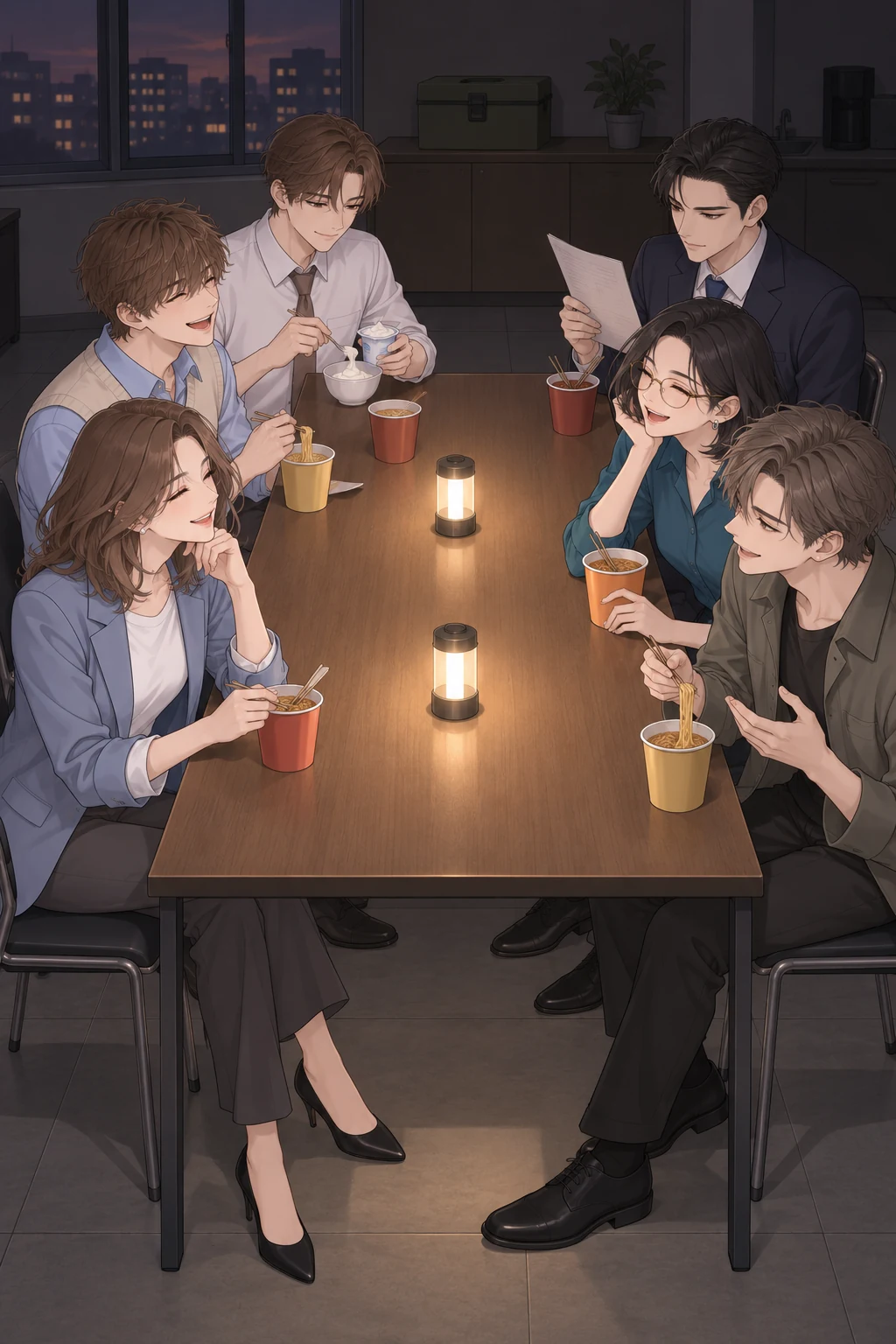 Personajes de Princesa de la oficina compartiendo una cena en la oficina